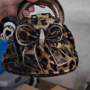 Leopard Print Handbag with Rhinestone Bow